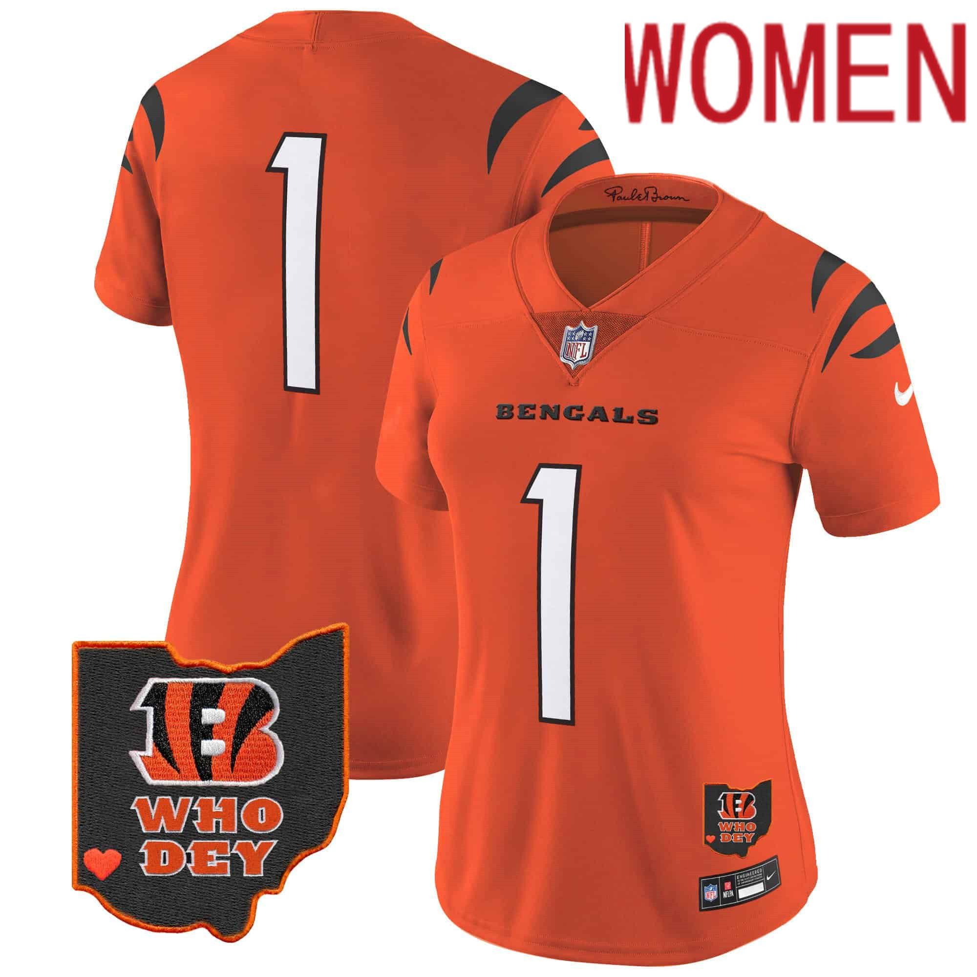 Women Cincinnati Bengals 1 Chase Orange 2024 Nike Patch Vapor Limited NFL Jersey style 1
